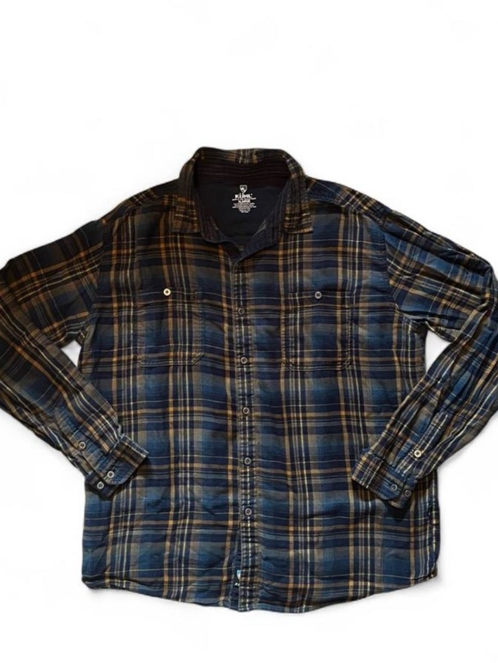 Kuhl Mens XL Plaid Button Front Shirt Blue Yellow Long Sleeve Cotton